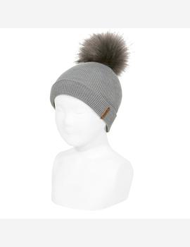 GORRO GRIS CANALÉ DOBLE VUELTA CON BORLA DE PELO